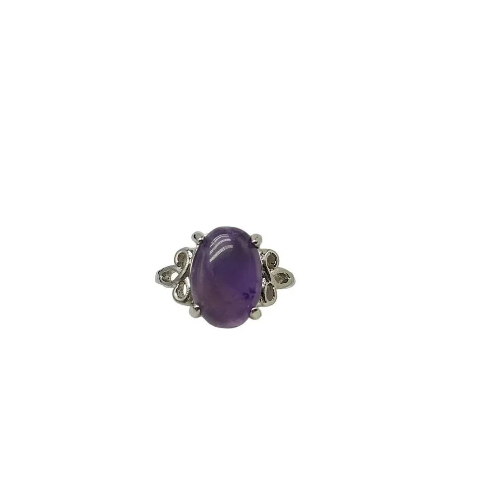 Purple Amethyst Oval Shape Dome Ring Size 8.5 Silver Plated Vintage